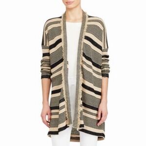 Lauren Ralph Lauren Sz L Linen/Cotton Striped Knit Long Cardigan Fringe Western